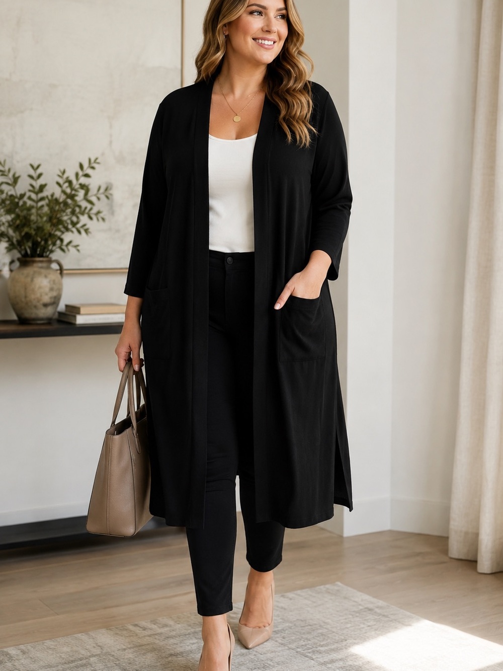 bobeau Black Long Open-Front Duster Cardigan with Pockets